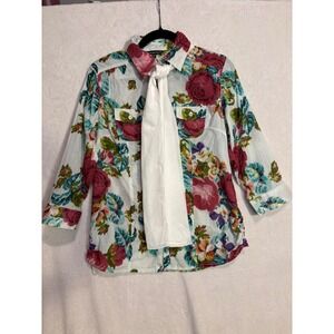 Chaudry KC Floral Rose Print Cotton Tie Neck Button Down Shirt White size M 967